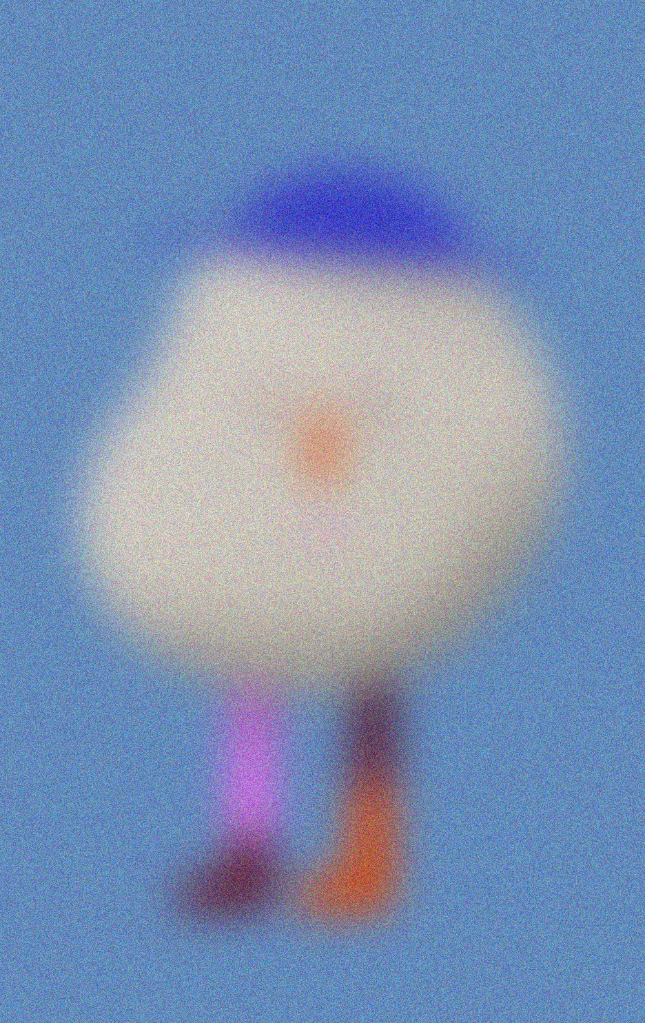 Blurred cartoon character with a blue hat and colorful outfit on a blue background