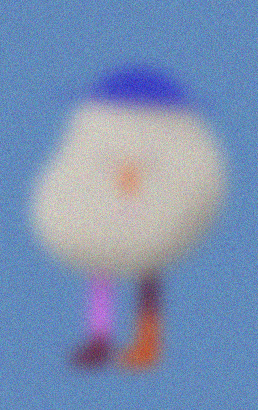 Blurred cartoon character with a blue hat and colorful outfit on a blue background